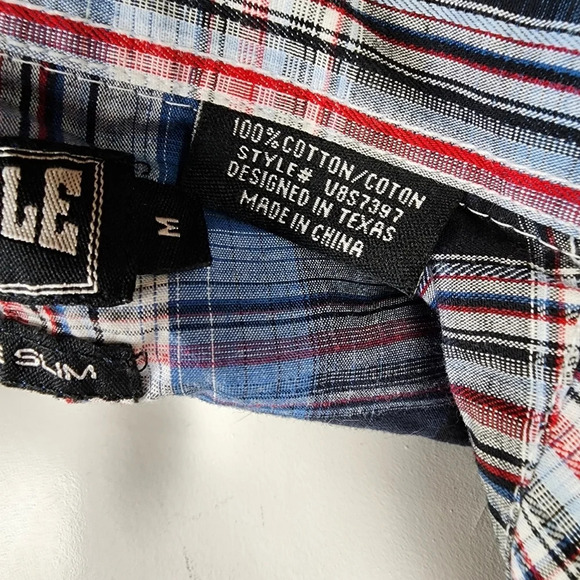 Panhandle Slim Plaid Pearl Snap Shirt Embroidered Blue Red Size Medium - Picture 3 of 16